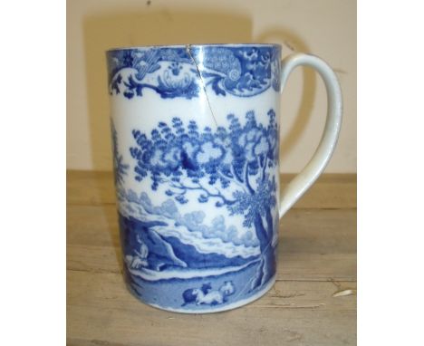 Early 19th C possibly Copeland blue & white transfer print tankard (A/F) (11.5cm high)