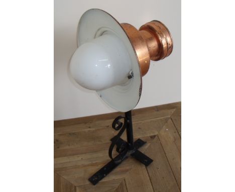 Sugg copper lantern with opaque glass shade on wrought metal wall mounting bracket (diameter approx 34cm)