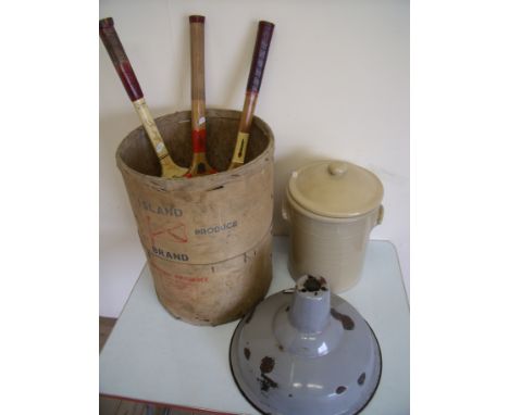 Enamel centre light shade, a storage drum, selection of vintage tennis rackets and a large kitchen style storage jar (QTY)