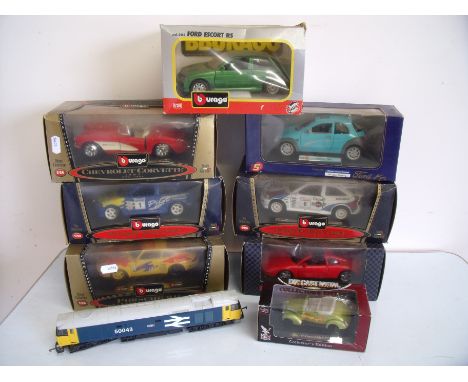 A selection of boxed Bburago cars, a Lima OO gauge Eagle Diesel engine 50043 etc 
