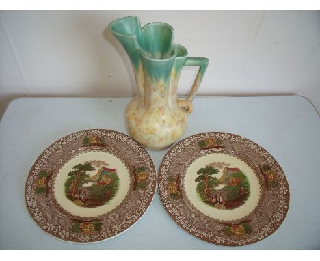 Studio pottery vase and two transfer print Royal Staffordshire plates Jenny Lind 1795 pattern 