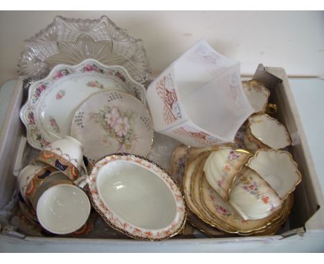 A selection of Edwardian and later part tea services, glass light shade, ceramics and glassware in one box