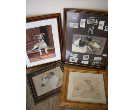 A group of four lurcher/greyhound style pictures and prints including limited edition John Fitzgerald print, another portrait
