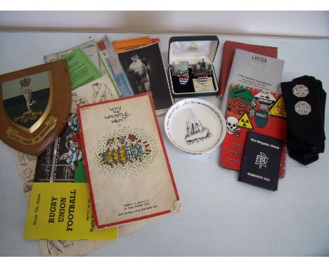 A selection of various ephemera in one box including Royal Signals shield, various vintage photographs, paperwork, enamel cuf