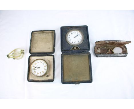 2 Travel clocks and 2 pairs of vintage glasses