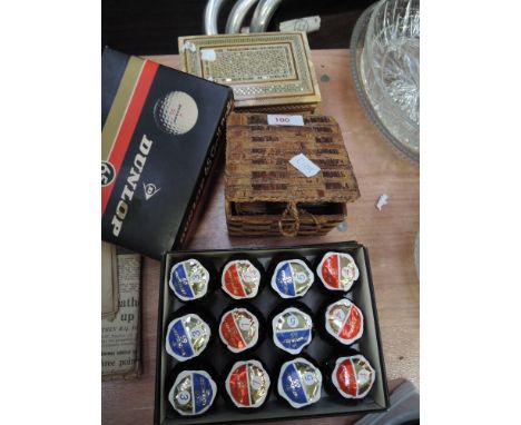 Two boxes of Dunlop 65 golf balls still in their wrappers and trinket box having mother of pearl decoration etc