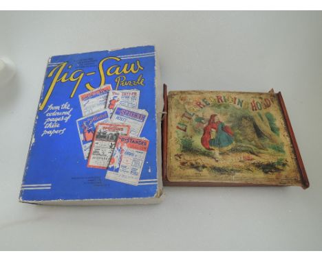 Two vintage jigsaws, Chad Valley, plywood interlocking, A Christmas Incident in a Surrey Farmhouse, and similar Little Red Ri