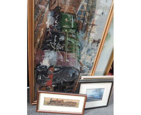 Six railway related prints and tapestry including Eastern Star Mainline Express Engine etc