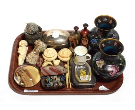 Japanese netsuke, plated hip flask, paperweight, Indian cruet, etc 