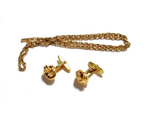 A pair of 9 carat gold knot cufflinks; and a fancy link chain with applied plaque stamped '9C', length 46cm .  Cufflinks - 6.