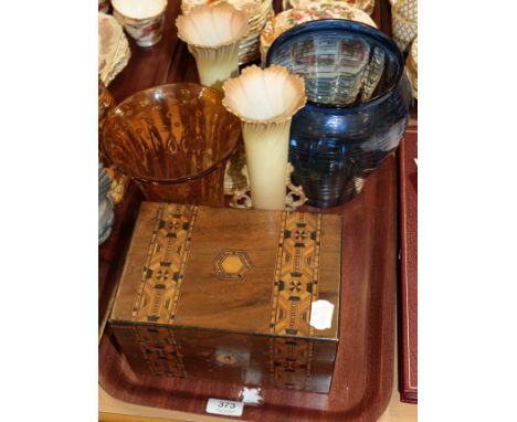 Two art glass vases, pair of Worcester vases and a walnut parquetry jewellery box 