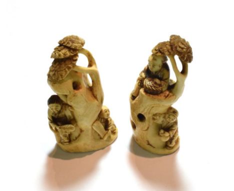 A pair of Japanese ivory Okimono/netsuke depicting scenes from the bamboo grove story