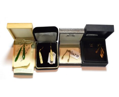 A pair of jade drop earrings, with hook fittings; three pairs of drop earrings, two pairs stamped '375', the other '14K'; a p