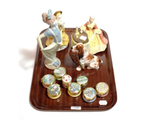 Two Royal Doulton ladies; a Royal Doulton Spaniel and game HN1028; eight enamelled trinket boxes; and a Nao figure