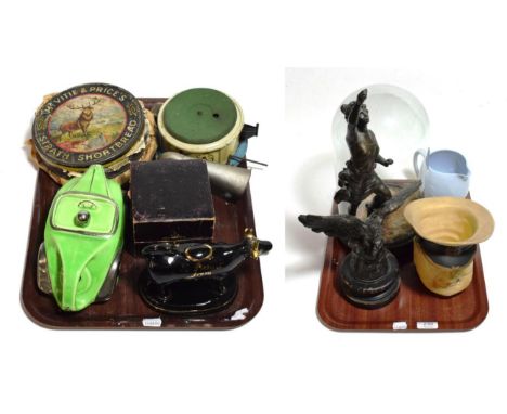 A tin plate miniature record player with discs, oil lamp, glass dome, cow creamer, racing car teapot etc