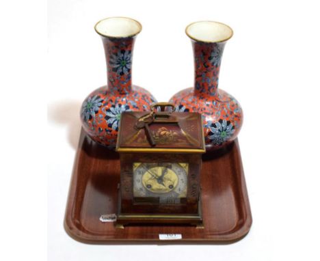 A pair of Wood &amp; Sons ''Chung'' pattern vases and a Chinoiserie lacquered caddy top mantel clock, striking on a gong