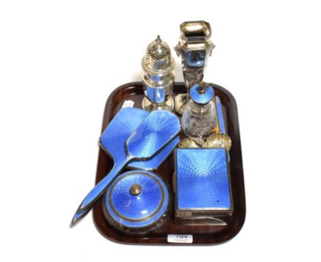 Silver castor, silver vase, pair of silver salts, silver and enamel dressing table set