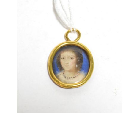 Manner of John Hoskins (1590-1664) Portrait of a lady with curled brown hair and a blue background, circa 1630, oval, 2.2cm  