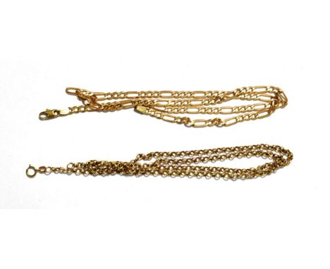 A 9 carat gold trace link chain, length 53.5cm; and a figaro link chain, length 46cm.  Gross weight 13.8 grams 
