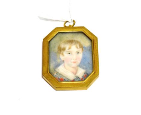 English School (mid-19th century) Portrait of a young boy in plaid coat and white shirt, the frame with cut corners, square, 