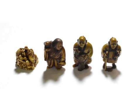 A Japanese ivory netsuke, Meiji period, modelled as a group of assorted figures, signed, 3cm high; with three further figural