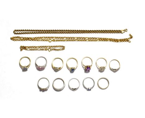 A dragon pendant stamped '375'; a rope twist chain stamped '9KT', length 42cm; a figaro link necklace (a.f.), clasp stamped '