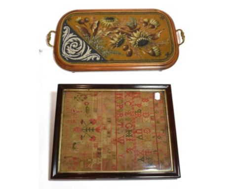 A Victorian beadwork twin-handled tray; framed sampler by Margaret Farquhar dated 1829 (2)