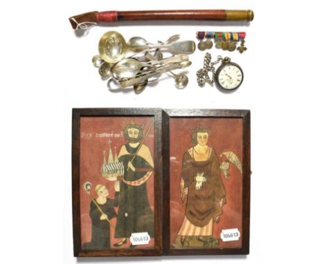 A silver pair cased pocket watch, selection of silver tea spoons, soup ladle, sugar tongs, sifter and mustard spoons, six min