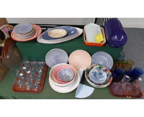 A Quantity of Modern Coloured Glassware, Ceramics and Kitchenalia, to include two trays of assorted drinking glasses, five Wo