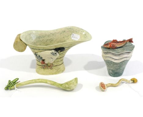 Anna Lambert (b.1957)  (Junction Workshop, 1 Skipton Road, Crosshills, North Yorkshire) A Sauce Boat and Ladle, with relief m