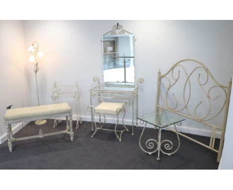 A Four Piece Wrought Iron and Cream Painted Bedroom Suite, modern, comprising a glass top dressing table with scrolled apron 