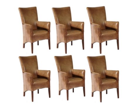 A Set of Six Armchairs, retailed by Barker & Stonehouse, modern, upholstered in vintage brown leather, raised on square taper