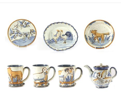 Andrew McGarva (Wobage Farm, Upton Bishop, Ross-on-Wye, Herefordshire 1979-1989) A Stoneware Dinner and Tea Service, hand pai