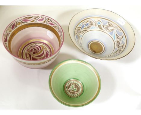 Emmie Philps (b.1918): Three Studio Porcelain Bowls, gilded and enamel stylised decoration, painted marks for post 1973 to ba