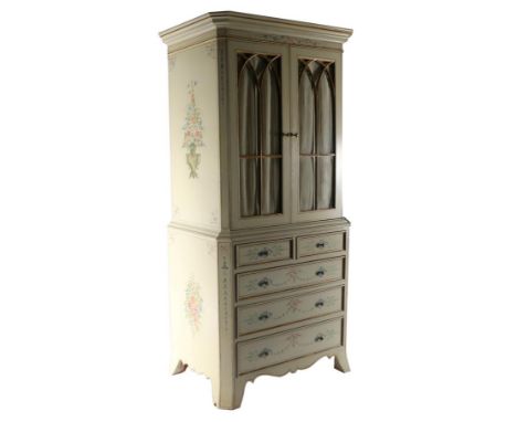 A Cream and Polychrome Decorated Cabinet on Chest, modern, painted with flowerbells and ribbons with gathered fabric glazed d