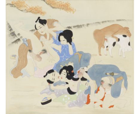ANONYMOUSTaisho (1912-1926) or Showa (1926-1989) era, 20th centuryShunga makimono (horizontal handscroll), ink and colours on