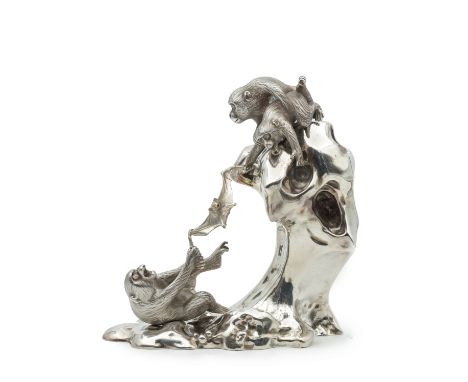 OSHIMA JOUN (1858-1940)A Silver Okimono (Table Ornament) of Three Monkeys Meiji (1868-1912) or Taisho (1912-1926) era, early 