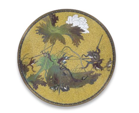 A CLOISONNÉ-ENAMEL DISHMeiji era (1868-1912), late 19th/early 20th centuryWorked in gilt wire with a humorous scene of frogs 