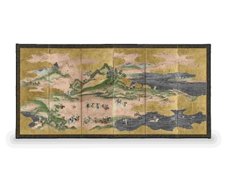 ANONYMOUS, KANO SCHOOLEdo period (1615-1868), mid-17th/18th centuryTartars Hunting and Hawking in a Mountain LandscapePair of