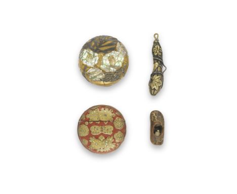 A RED-LACQUER CIRCULAR TWO-CASE INRO, AN INLAID GOLD-LACQUER CIRCULAR KOBAKO (SMALL BOX), AND TWO NETSUKEEdo period (1615-186