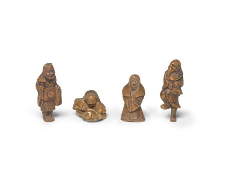 FOUR WOOD FIGURE NETSUKEEdo period (1615-1868) to Meiji era (1868-1912), 19th centuryThe first an oni (demon) soliciting fund