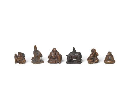 SIX WOOD FIGURE NETSUKEEdo period (1615-1868) to Meiji era (1868-1912), 19th centuryThe first a crouched Sanbaso dancer, the 