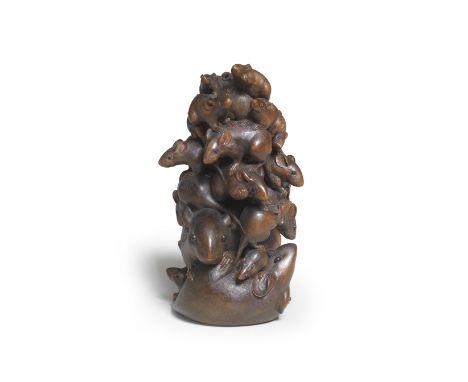 A WOOD OKIMONO (TABLE ORNAMENT) GROUP OF A PYRAMID OF RATSBy Yoshikazu, Edo period (1615-1868), mid-19th centuryComprising a 