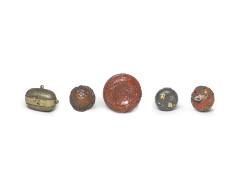 A GROUP OF SEVEN NETSUKE, A WALNUT CARVING, AND A MINIATURE SAYA (SHEATH) INROEdo period (1615-1868) to Meiji era (1868-1912)