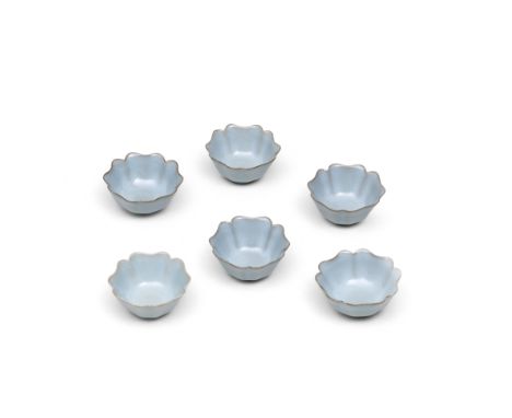 KAWASE SHINOBU (BORN 1950)A Set of Six Floriform Celadon Sake Cups Heisei era (1989-2019), late 20th centuryThe small dishes 
