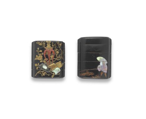 TWO BLACK-LACQUER SMALL FOUR-CASE INROEdo period (1615-1868), 19th centuryThe first lacquered on the upright roiro (black-lac