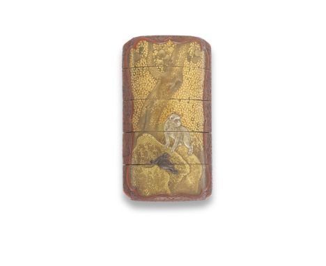 AN INLAID GOLD AND CARVED-RED-LACQUER FOUR-CASE INROEdo period (1615-1868), late 18th/early 19th centuryOf upright form, deco