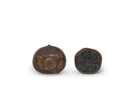 TWO WOOD NETSUKEEdo period (1615-1868) to Meiji era (1868-1912), 19th centuryThe first a large chestnut with a flowering chry