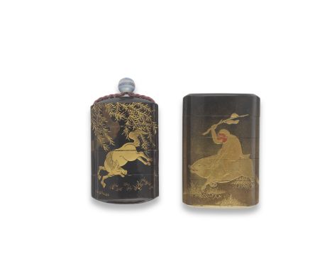 TWO BLACK-LACQUER INROEdo period (1615-1868), 19th centuryThe first of upright form with four cases decorated with a continuo