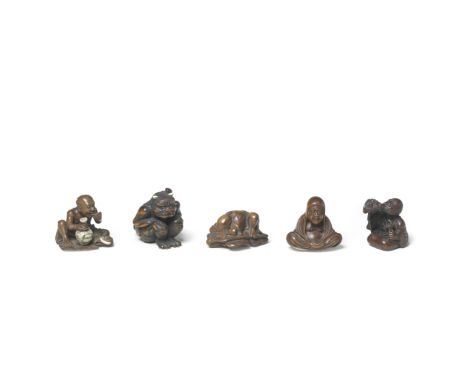 FIVE WOOD FIGURE NETSUKEEdo period (1615-1868) to Meiji era (1868-1912), 19th to early 20th centuryThe first a man seated on 